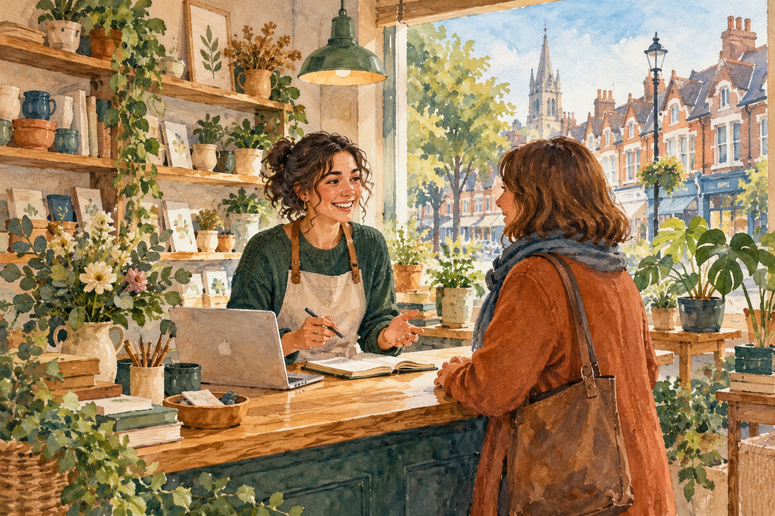 Representative watercolour illustration of a Harrow small-business owner talking with a customer