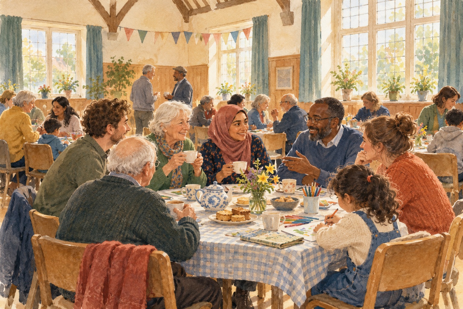 Representative watercolour illustration of Harrow neighbours sharing activities in a community hall