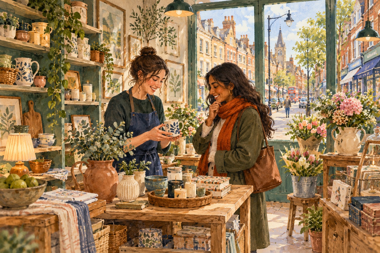 Representative watercolour illustration of customers browsing a Harrow neighbourhood shop