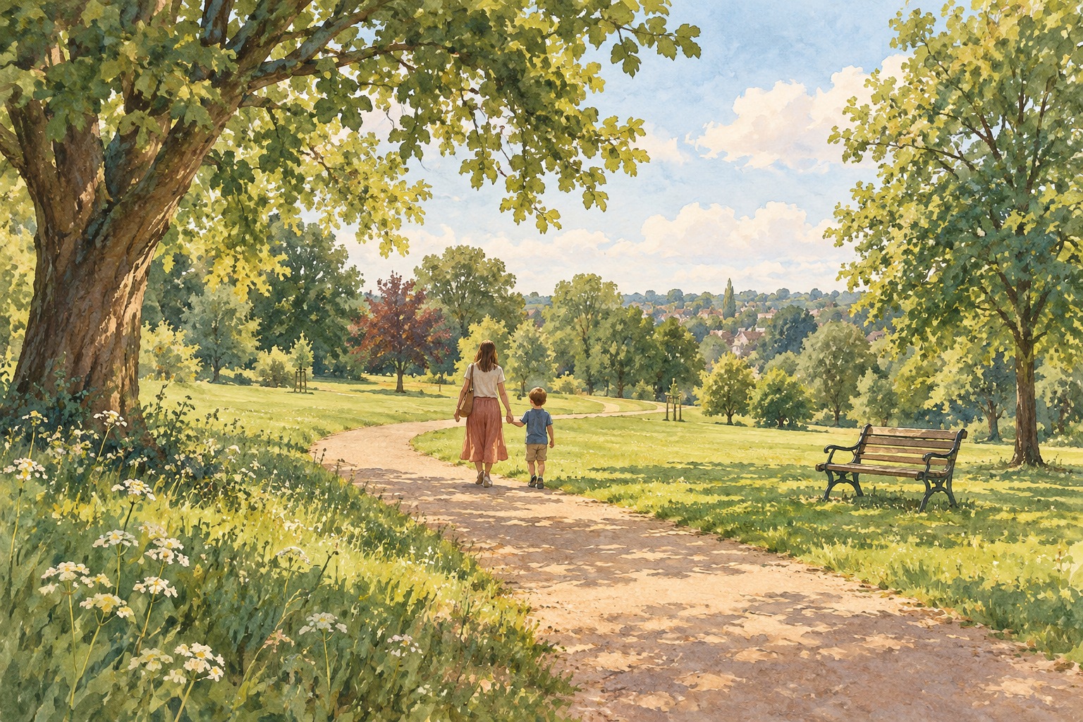Representative watercolour illustration of a leafy park walk in Harrow